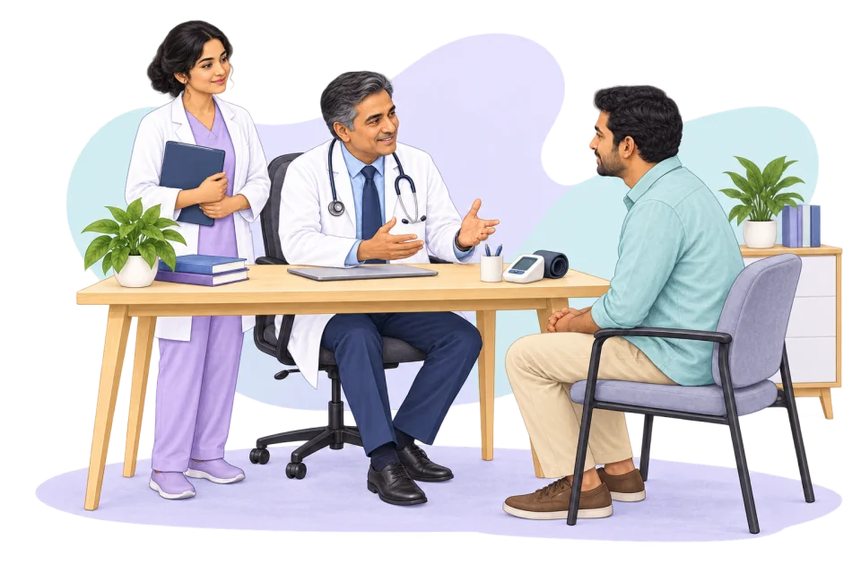 Illustration of two clinicians talking with a patient in a modern clinic