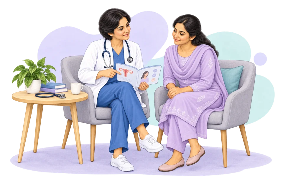 Illustration of a doctor explaining a health guide to a patient