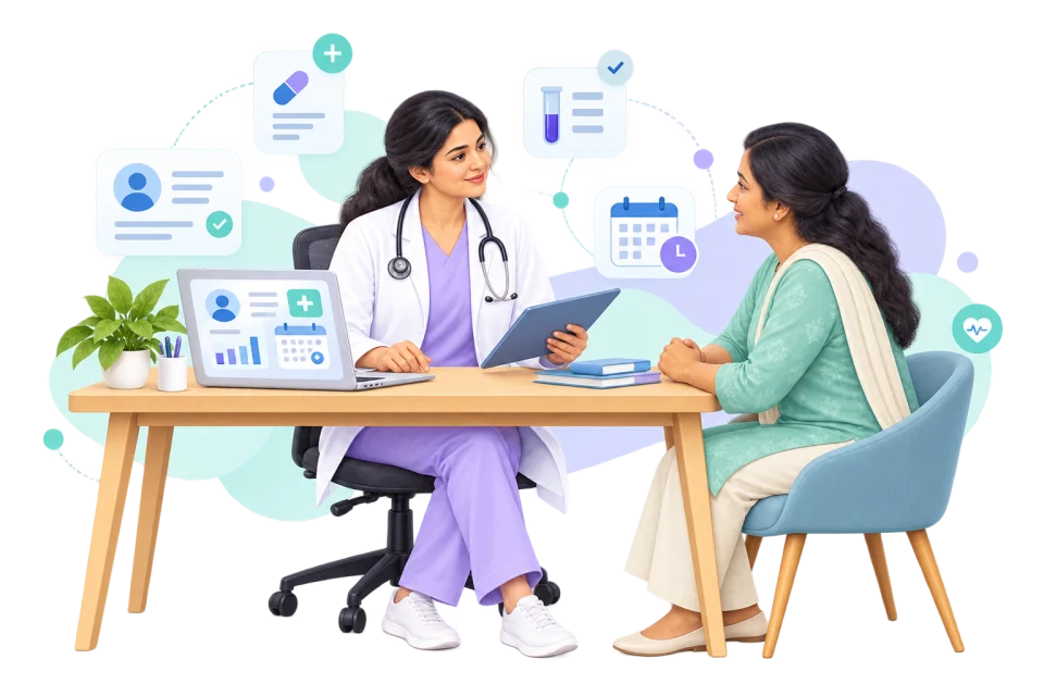 Doctor using patient management software during a clinic consultation